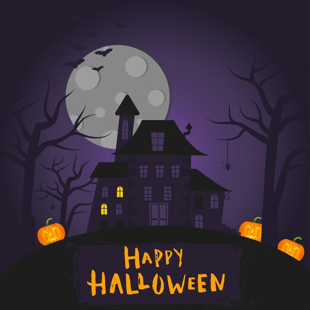 Diseño de carteles de feliz halloween con símbolos tradicionales y letras dibujadas a mano. La ilustración del vector se puede utilizar para el papel pintado, la página web, la tarjeta del día de fiesta, la invitación y el diseño del partido.