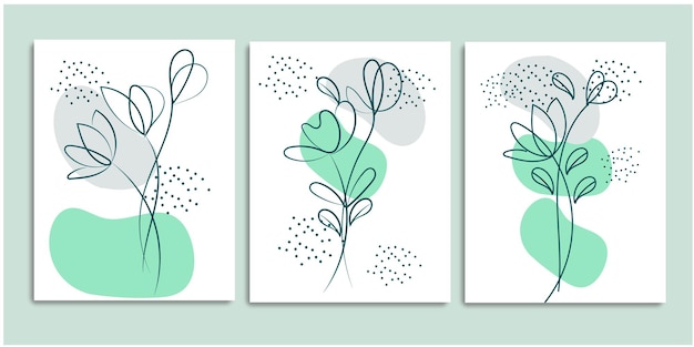 Diseño de carteles de flores y hojas con líneas mínimas