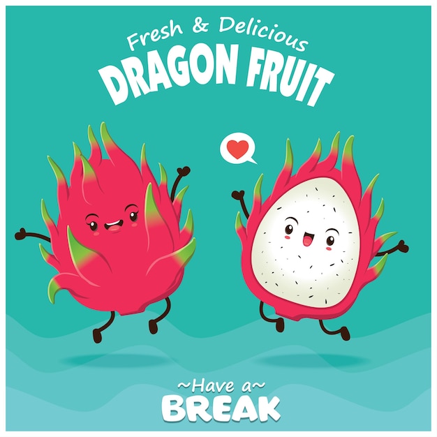 Diseño de carteles de frutas vintage con carácter de fruta de dragón vectorial
