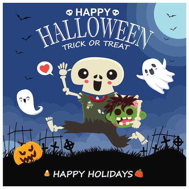 Diseño de carteles de halloween vintage con vector skeleteon zombie fantasma personaje de calabaza