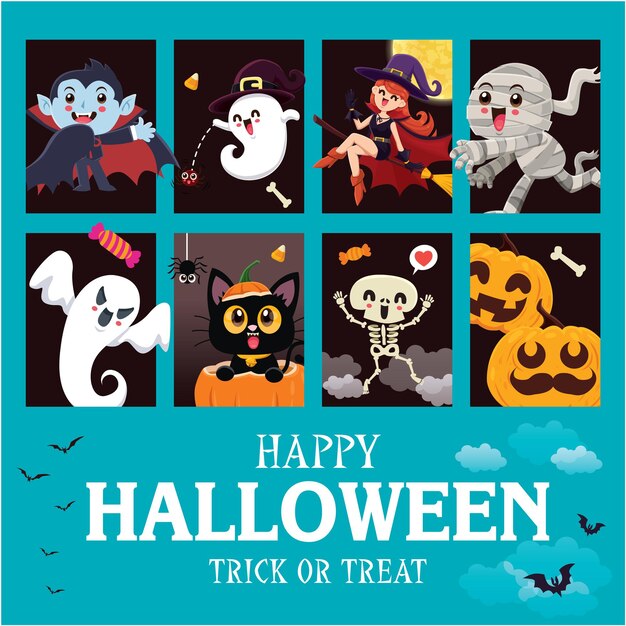 Diseño de carteles de Halloween vintage con vector vampiro fantasma demonio bruja fantasma esqueleto calabaza