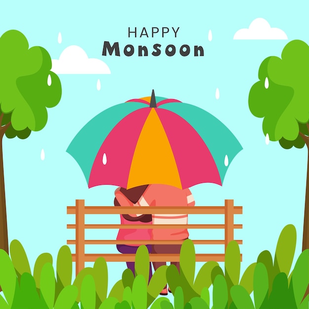 Vector diseño de carteles de happy monsoon con vista posterior de una pareja joven sentada en un banco bajo un paraguas y árboles sobre fondo cian de gotas de agua