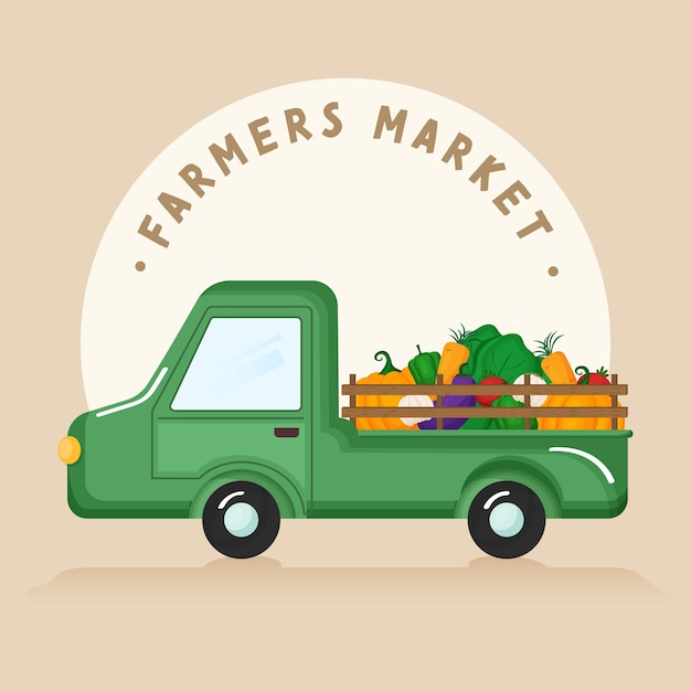 Diseño de carteles del mercado de agricultores con camioneta cargada con comida vegetariana sobre fondo marrón claro