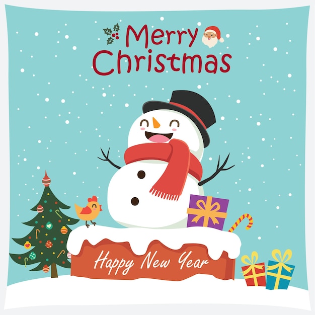 Diseño de carteles navideños antiguos con personajes vectoriales del hombre de nieve de Papá Noel