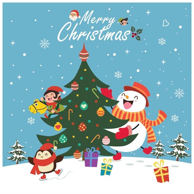 Diseño de carteles navideños antiguos con personajes vectoriales de hombre de nieve, Santa Claus, elfos y pingüinos