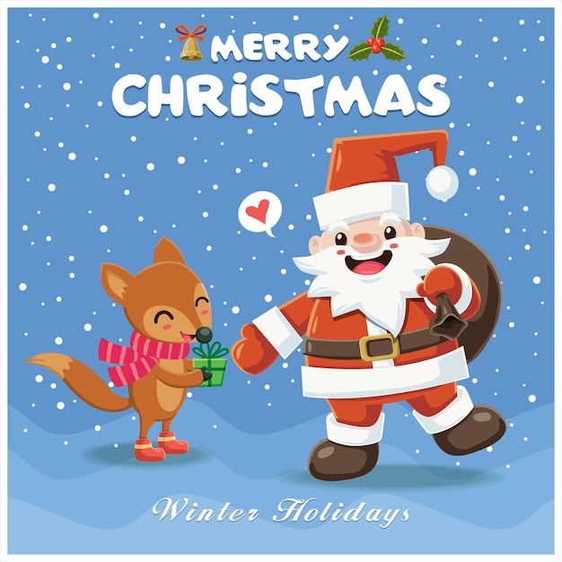 Diseño de carteles navideños vintage con personajes de fox y santa claus
