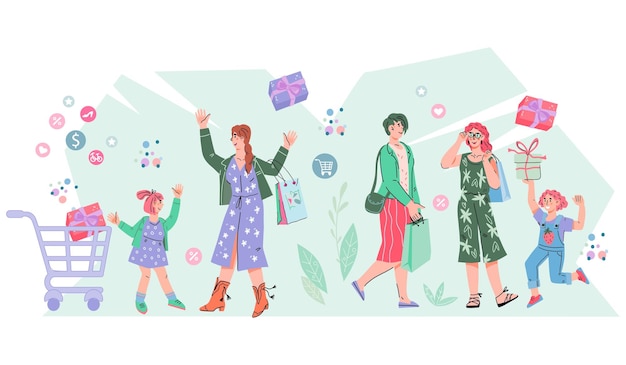 Diseño de carteles o volantes para el Día de la Mujer y ventas de temporada con mujeres y niñas comprando productos