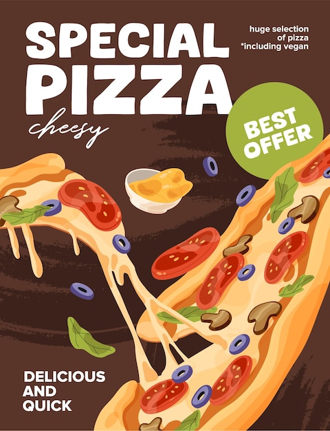 Diseño de carteles con oferta especial de descuento de precio de pizza Anuncio de venta en pizzería de restaurante de cocina italiana Promoción de comida rápida comida rápida comida en cafetería Ilustración vectorial plana