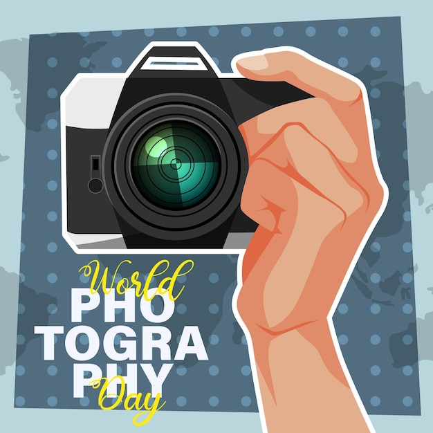 Vector diseño de carteles y pancartas para el día mundial de la fotografía ilustración de una cámara en la mano