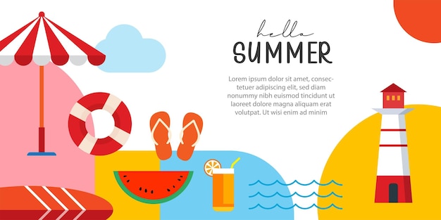 Diseño de carteles y pancartas de verano con objetos, elementos y fondo