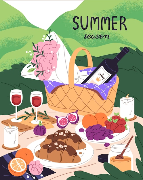 Diseño de carteles de picnic Flores botella de vino en la canasta para el verano comer en la naturaleza Tarjeta con comida frutas vasos de bebida croissant plato en manta cita romántica al aire libre Ilustración vectorial plana