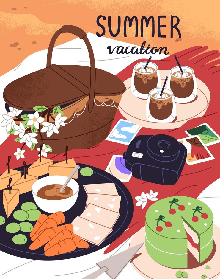 Vector diseño de carteles de picnic en la playa cesta con flores está en la manta con comida frutas vasos de bebida en la orilla del mar verano comer en la naturaleza cita romántica al aire libre tarjeta postal ilustración vectorial plana