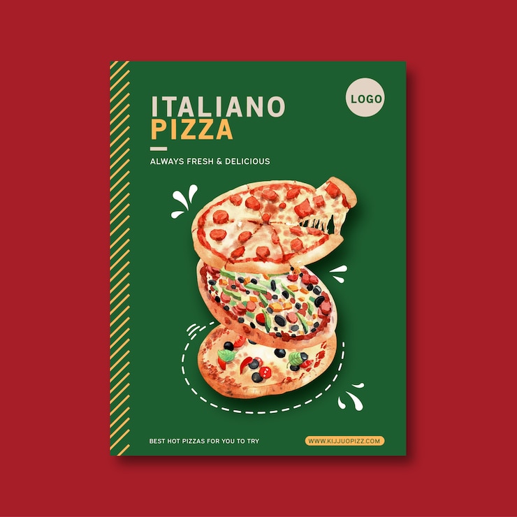 Diseño de carteles de pizza con varias ilustraciones de acuarela de pizza.
