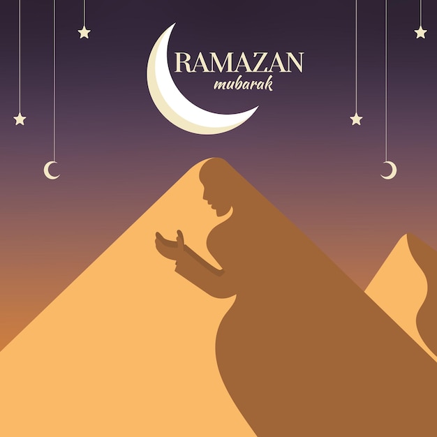 Diseño de carteles de Ramadán Mubarak. mujeres rezando la noche temática islámica con estrellas y luna.