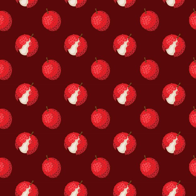 Diseño de carteles de regalo de papel de envoltura con estampado plano y sin costuras de frutas de lichi sobre fondo rojo