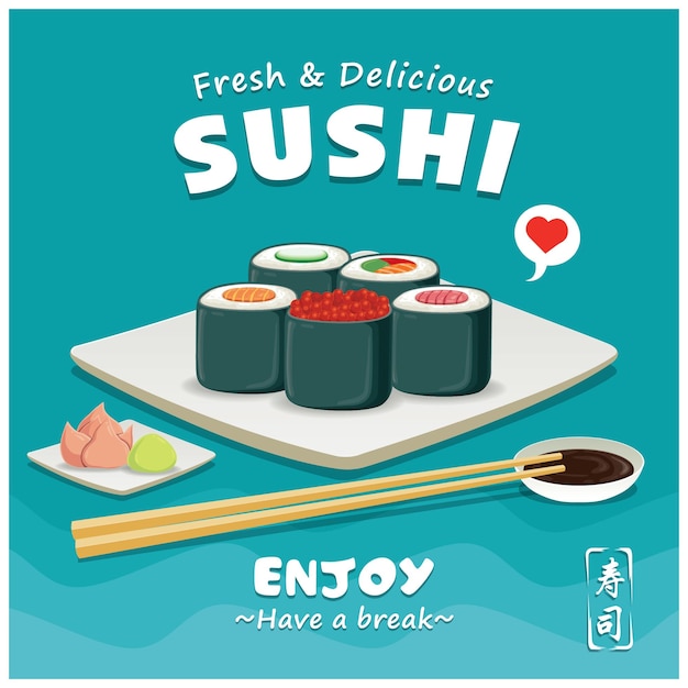 Diseño de carteles de sushi de época. La palabra china significa sushi.