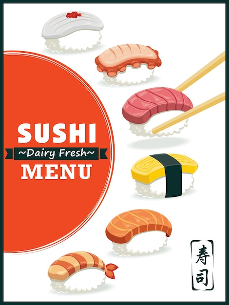 Diseño de carteles de sushi de época. la palabra china significa sushi.