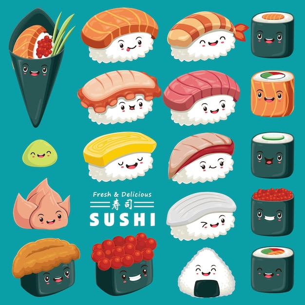Diseño de carteles de sushi vintage con carácter de sushi vectorial La palabra china significa sushi