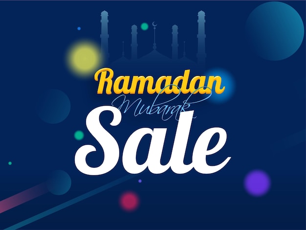 Diseño de carteles de venta de ramadán con mezquita y círculos sobre fondo azul