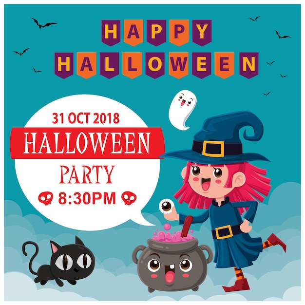 Diseño de carteles vintage de Halloween con carácter de vampiro vectorial