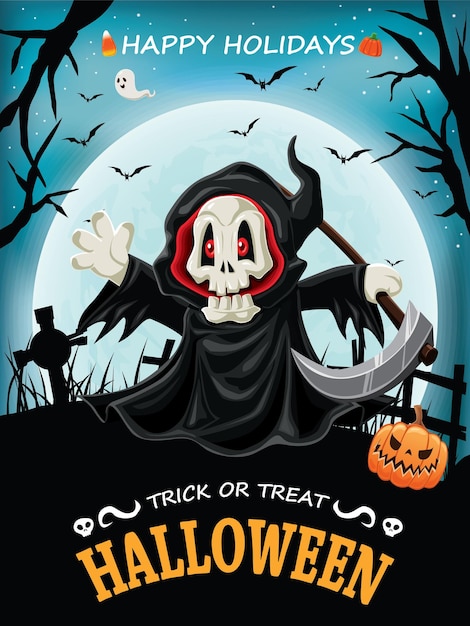 Diseño de carteles vintage de Halloween con personaje vectorial de vampiro y bruja