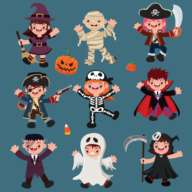 Diseño de carteles vintage de Halloween con vector bruja momia pirata esqueleto vampiro fantasma segador