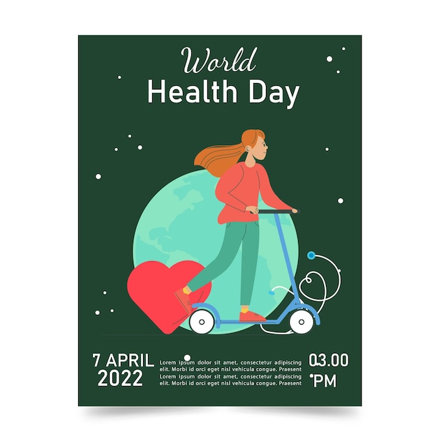 Vector diseño de carteles de volantes del día mundial de la salud una mujer montando un scooter
