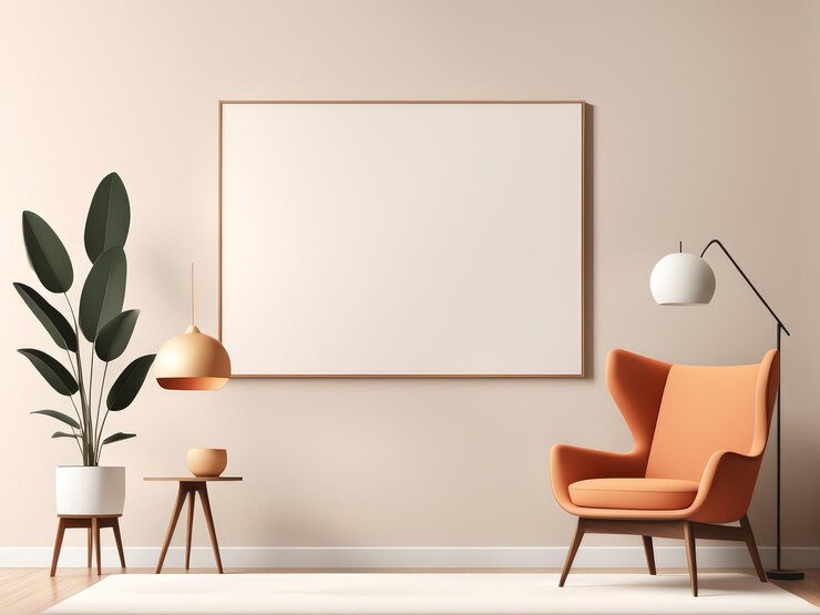 Vector diseño cautivador de la sala de estar contemporánea neutrales silenciados naranja vibrante y elementos modernos