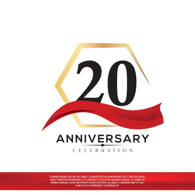 Diseño de celebración de aniversario de 20 años. aniversario elegancia logotipo dorado y negro con cinta roja