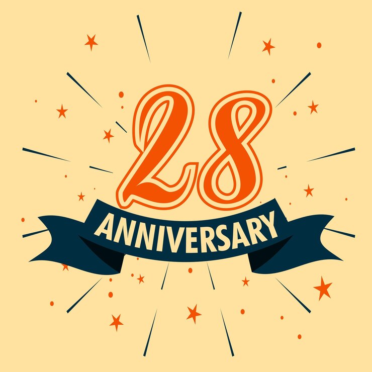 Diseño de celebración de aniversario de 28 años con forma de número para vector de evento de celebración especial