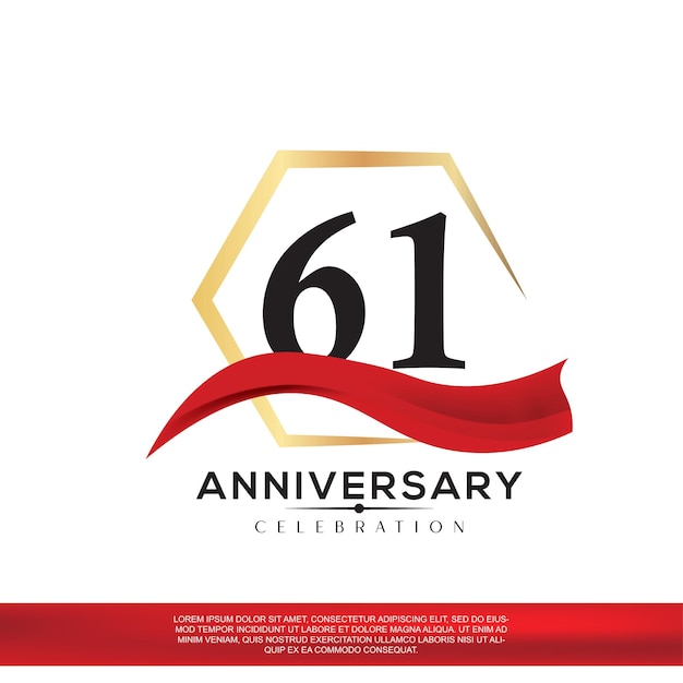 Diseño de celebración de aniversario de 61 años. aniversario elegancia logotipo dorado y negro con cinta roja