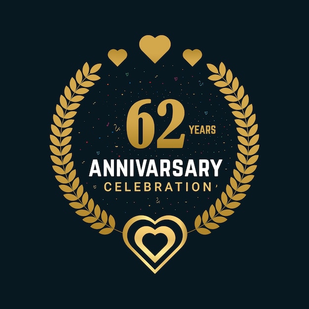 Vector diseño de celebración del aniversario de 62 años con diseño y fondo dorado