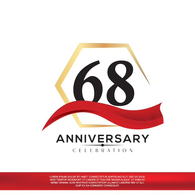 Diseño de celebración de aniversario de 68 años. aniversario elegancia logotipo dorado y negro con cinta roja