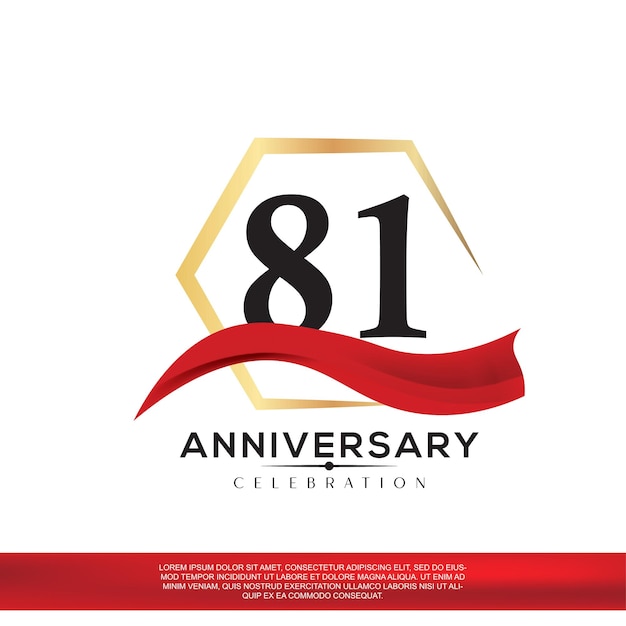 Diseño de celebración de aniversario de 81 años. aniversario elegancia logotipo dorado y negro con cinta roja
