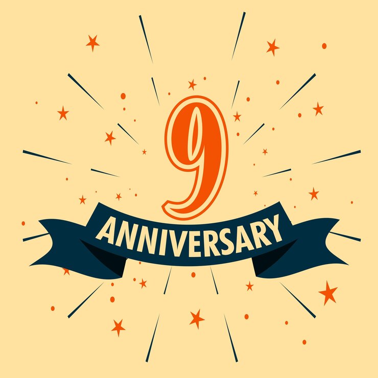 Diseño de celebración de aniversario de 9 años con forma de número para vector de evento de celebración especial