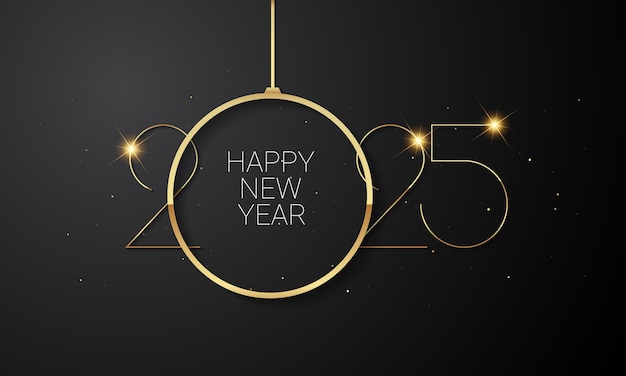 Diseño de celebración de Feliz Año Nuevo 2025 con número dorado en fondo negro