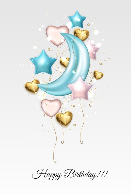 Diseño de celebración de feliz cumpleaños Globos de colores estrellas corazón de luna sobre fondo de color Diseño para plantilla de tarjeta tarjeta de felicitación cartel o pancarta Ilustración vectorial