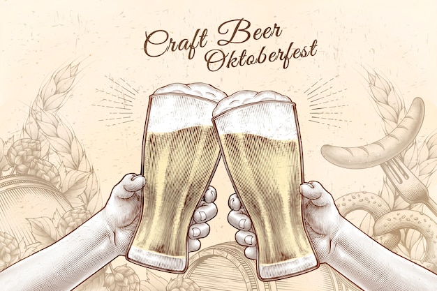 Diseño de celebración de Oktoberfest en estilo grabado, manos sosteniendo vasos de cerveza y animando sobre fondo lleno de ingredientes