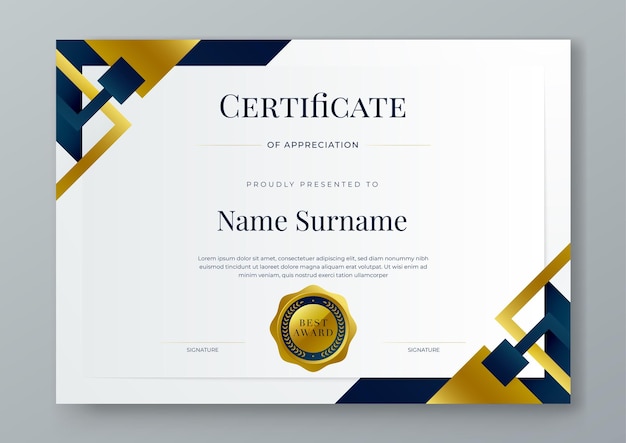 Diseño de certificado azul blanco y dorado con lujo y moderno patrón de plantilla de diseño de premio de certificado Certificado de logros premios de diploma escuela de educación