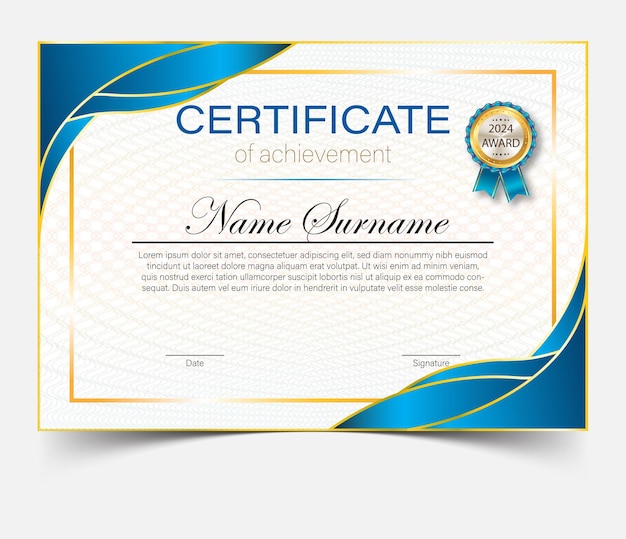 Un diseño de certificado azul y dorado con insignia