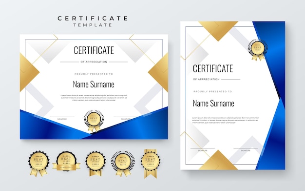 Diseño de certificado azul y dorado con lujo y patrón de plantilla de diseño de premio de certificado moderno
