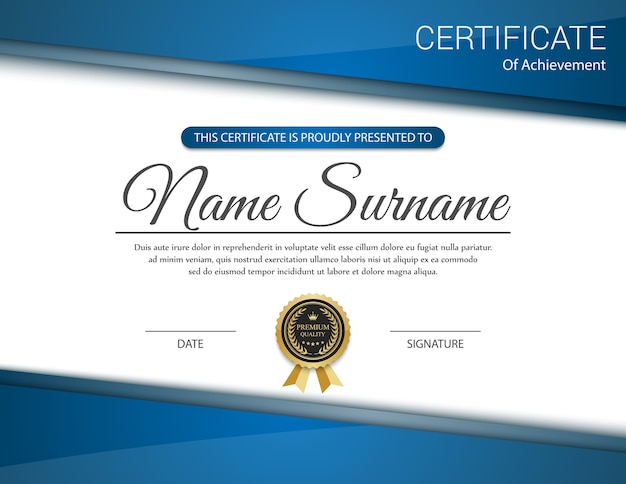 Diseño de certificado azul con medalla. Vector