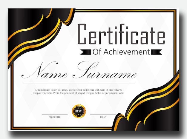diseño de certificado de color negro y dorado con elementos de fondo