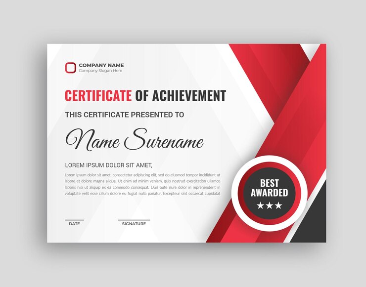 Diseño de certificado corporativo en colores rojos.