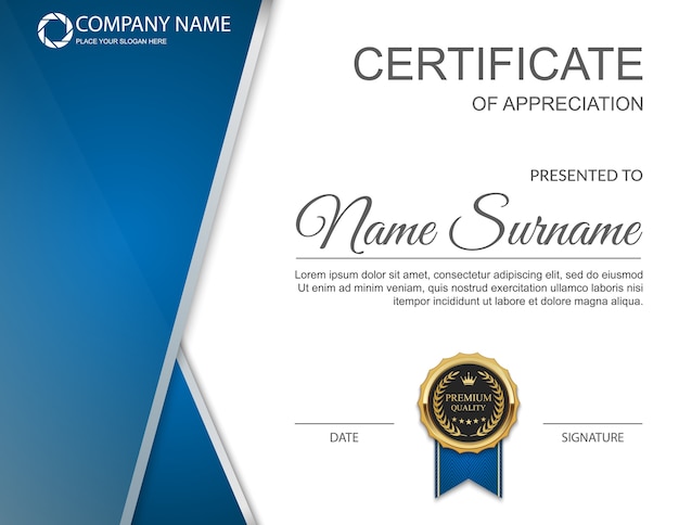 Diseño de certificado horizontal azul y blanco