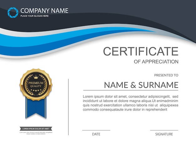 Diseño de certificado horizontal azul y negro