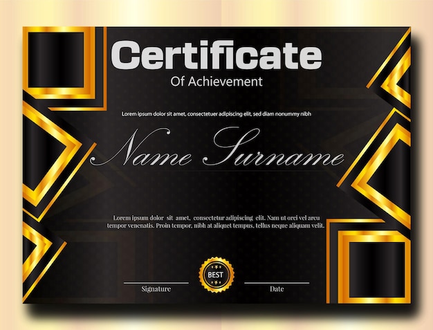 un diseño de certificado negro y dorado con un fondo dorado y negro