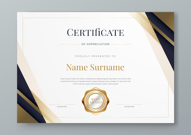 Diseño de certificados en blanco y negro y oro con lujo y moderno patrón de plantilla de diseño de premios de certificados Certificado de logros Premios de diploma escuela de educación