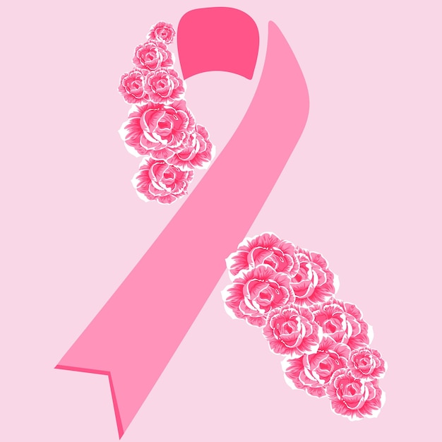 Vector diseño de cinta rosa de concienciación sobre el cáncer de mama donde la mitad de la cinta está llena de rosas rosas