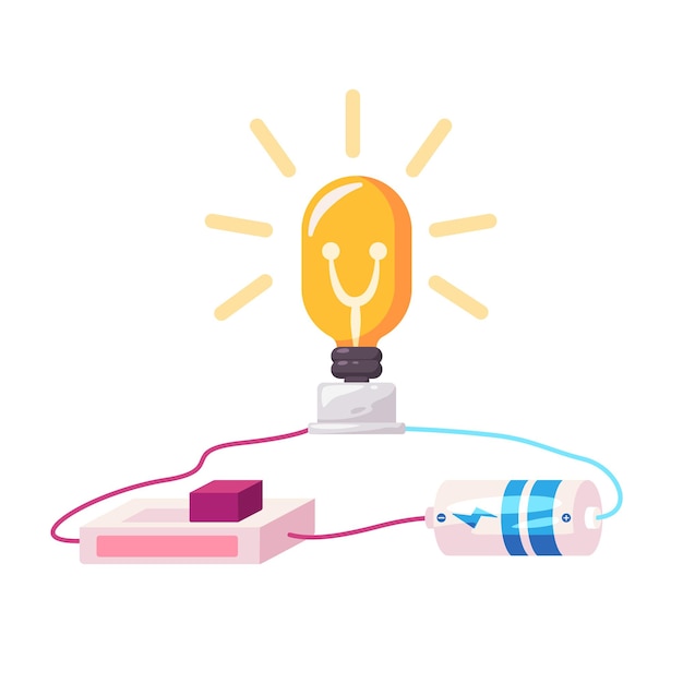 Diseño del circuito eléctrico de la batería de la lámpara de bombilla y el interruptor conectado con la ilustración del cable